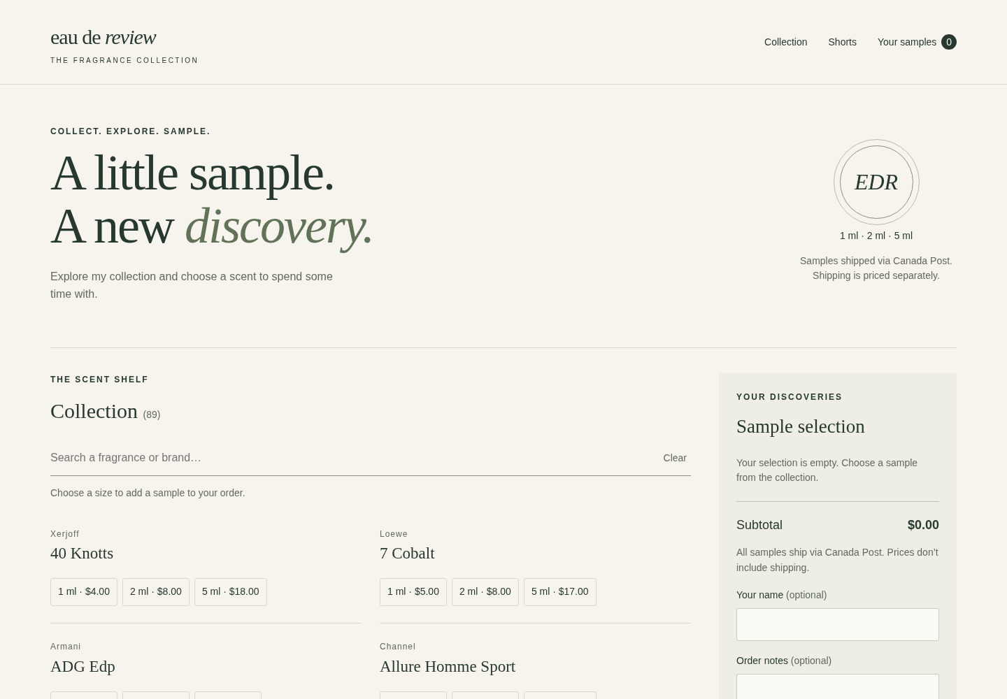 Eau de Review fragrance collection with searchable samples and a sample selection panel